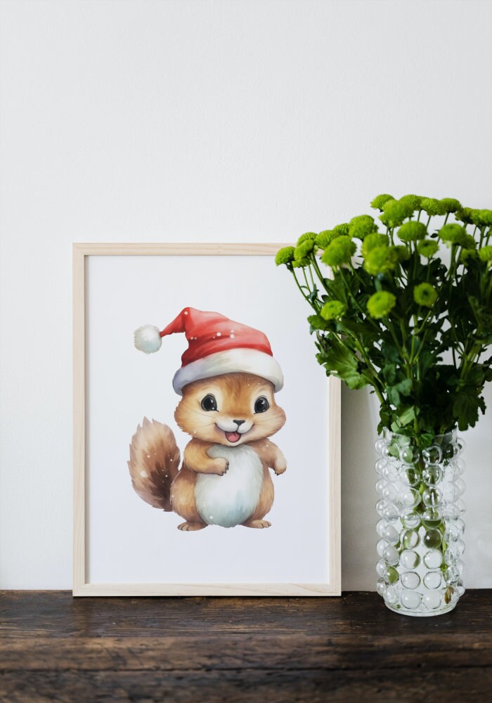 Christmas Squirrel Santa Clause Print INSTANT DOWNLOAD, winter illustration prints, watercolor squirrel decor, cute santa wall art, squirrel