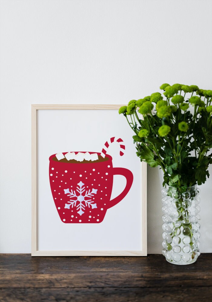 Christmas Hot Cocoa Mug DIGITAL PRINT, winter illustration print, hot cocoa decor, hygge print, merry christmas candy cane, snowflake print