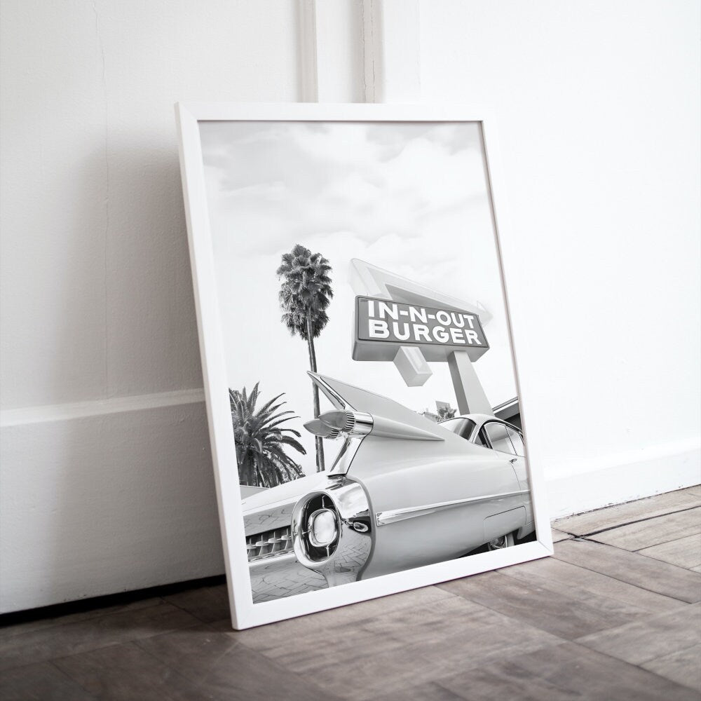 Black and White Retro Car at In-N-Out DIGITAL PRINT, Classic Car Poster, Car Photography, Retro Wall Decor, Old Car Picture, white wall art