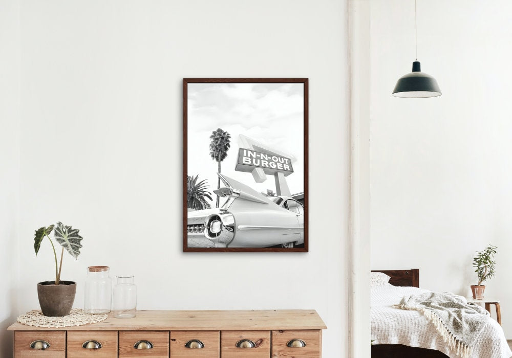 Black and White Retro Car at In-N-Out DIGITAL PRINT, Classic Car Poster, Car Photography, Retro Wall Decor, Old Car Picture, white wall art