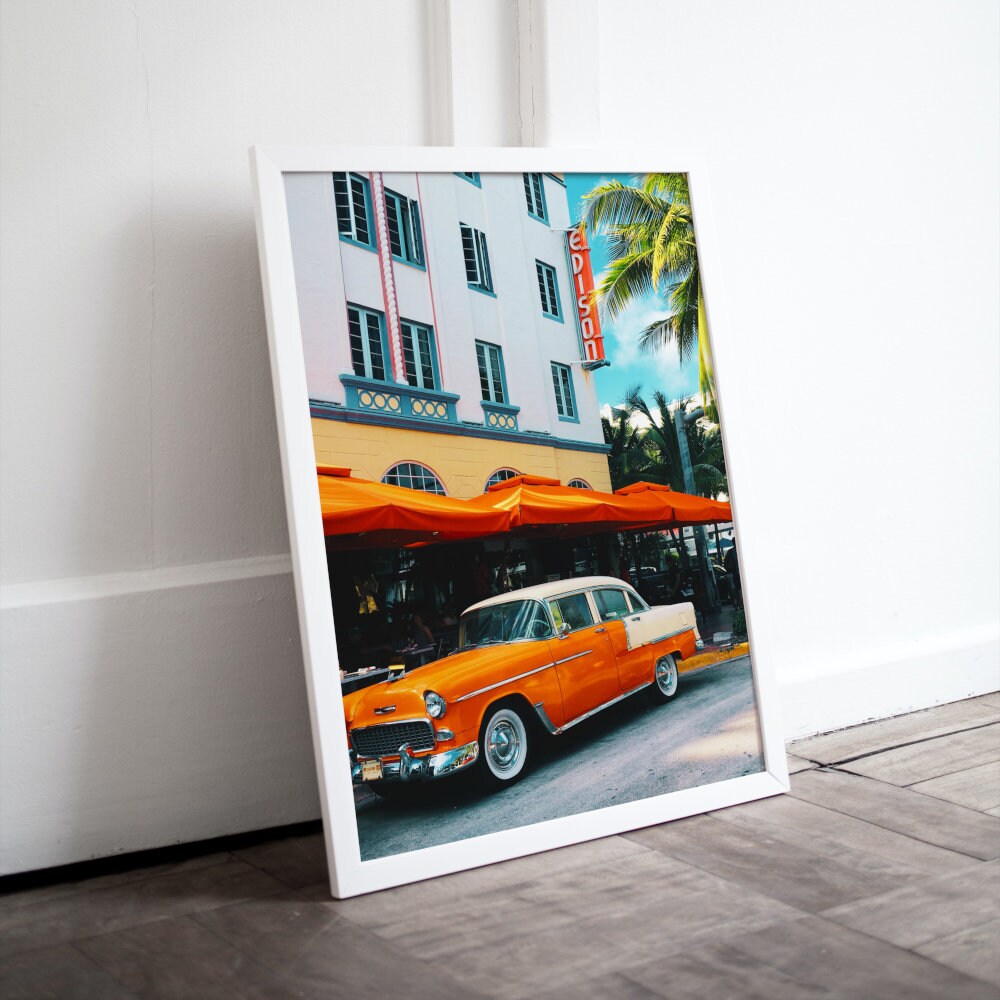 Art Deco Miami Beach Poster DIGITAL SRT PRINT, retro vintage wall art, orange Vintage car, vintage wall art living room, Miami photography