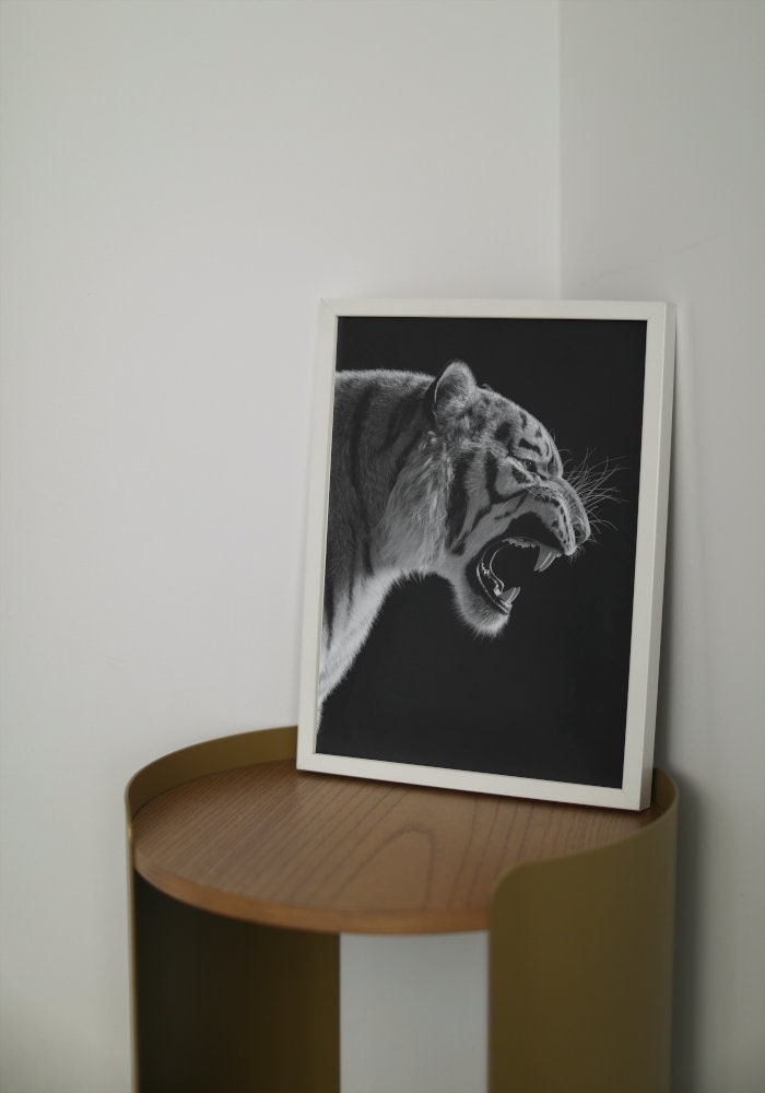 Black and White Tiger Poster DIGITAL ART PRINT, black & white glam decor, fashion print, tiger lover gift, tiger head, hypebeast decor, chic