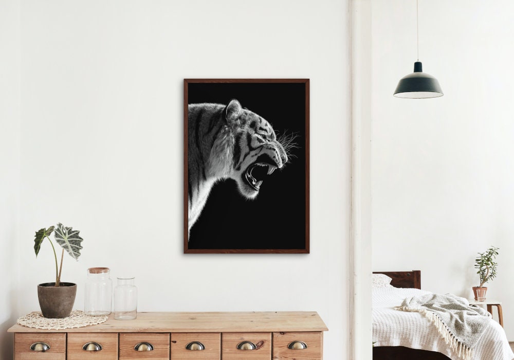 Black and White Tiger Poster DIGITAL ART PRINT, black & white glam decor, fashion print, tiger lover gift, tiger head, hypebeast decor, chic