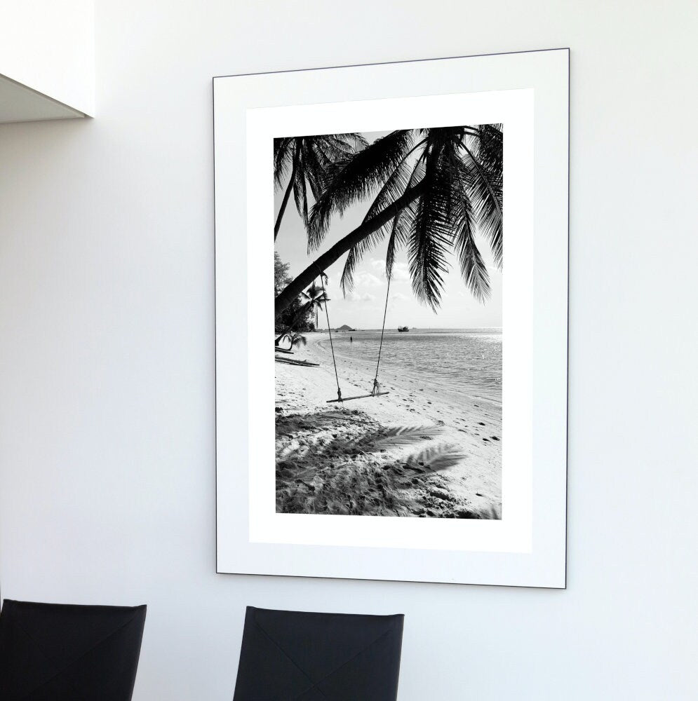 Black and White Beach Escape DIGITAL ART PRINTS, Ocean Nature Print, coastal beach wall art, black and white photography wall art, palm tree