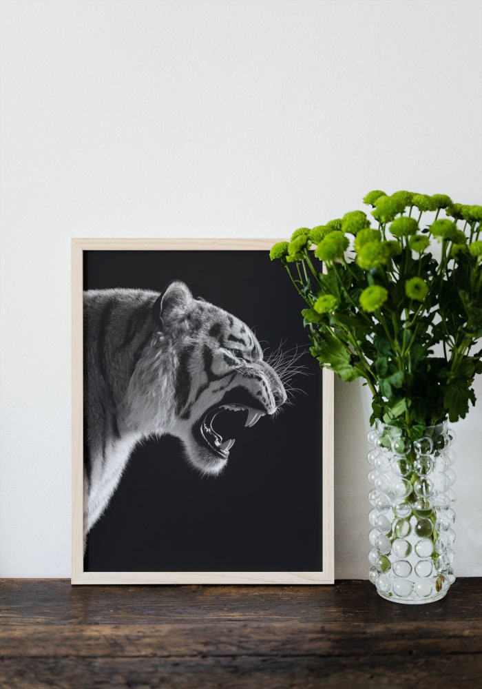 Black and White Tiger Poster DIGITAL ART PRINT, black & white glam decor, fashion print, tiger lover gift, tiger head, hypebeast decor, chic