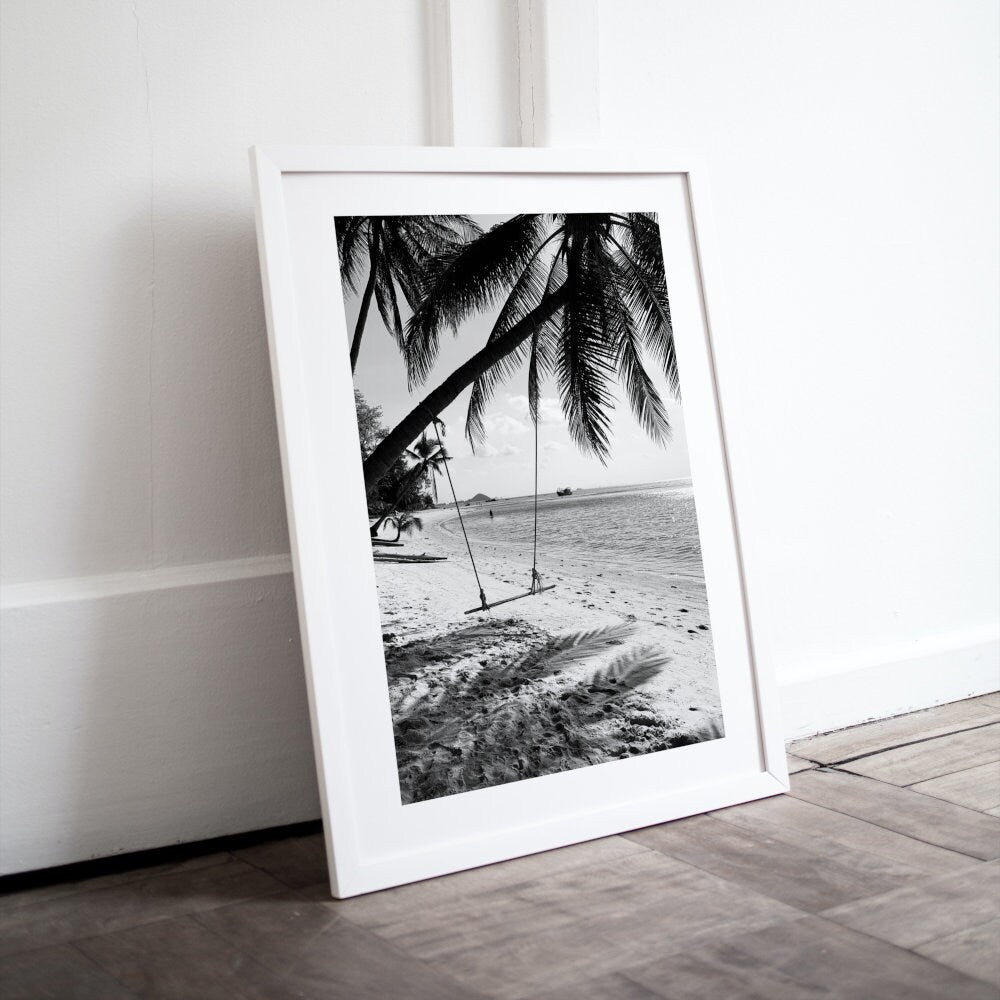 Black and White Beach Escape DIGITAL ART PRINTS, Ocean Nature Print, coastal beach wall art, black and white photography wall art, palm tree