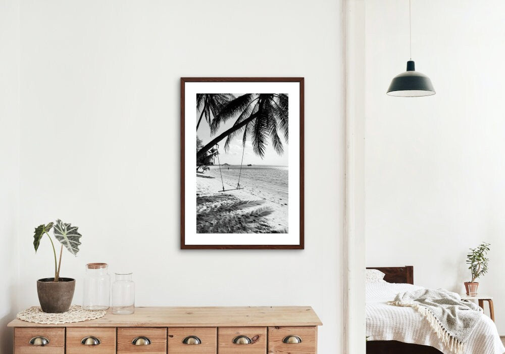 Black and White Beach Escape DIGITAL ART PRINTS, Ocean Nature Print, coastal beach wall art, black and white photography wall art, palm tree