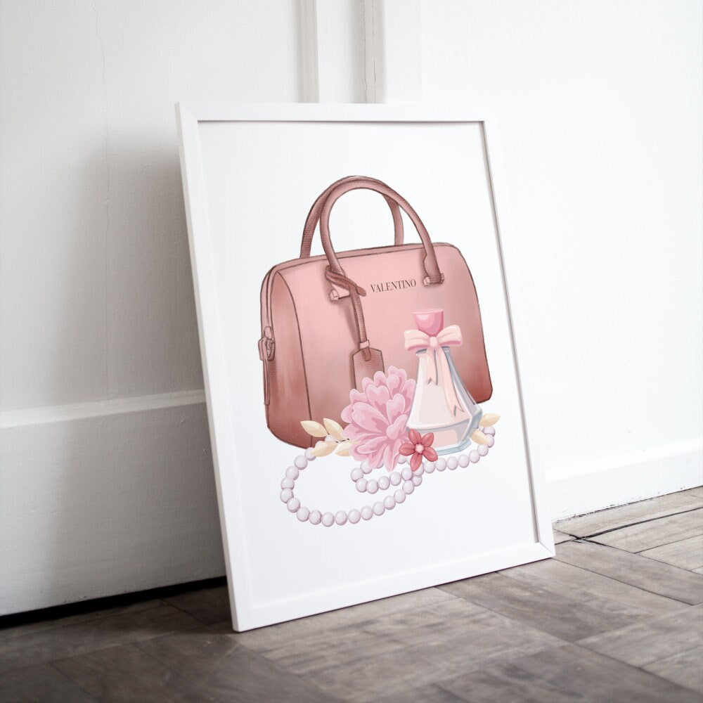 Luxury Designer Bag Artwork DIGITAL ART PRINT, luxury wall art, Glam Print, designer poster, fashion illustration, luxury bag perfume flower