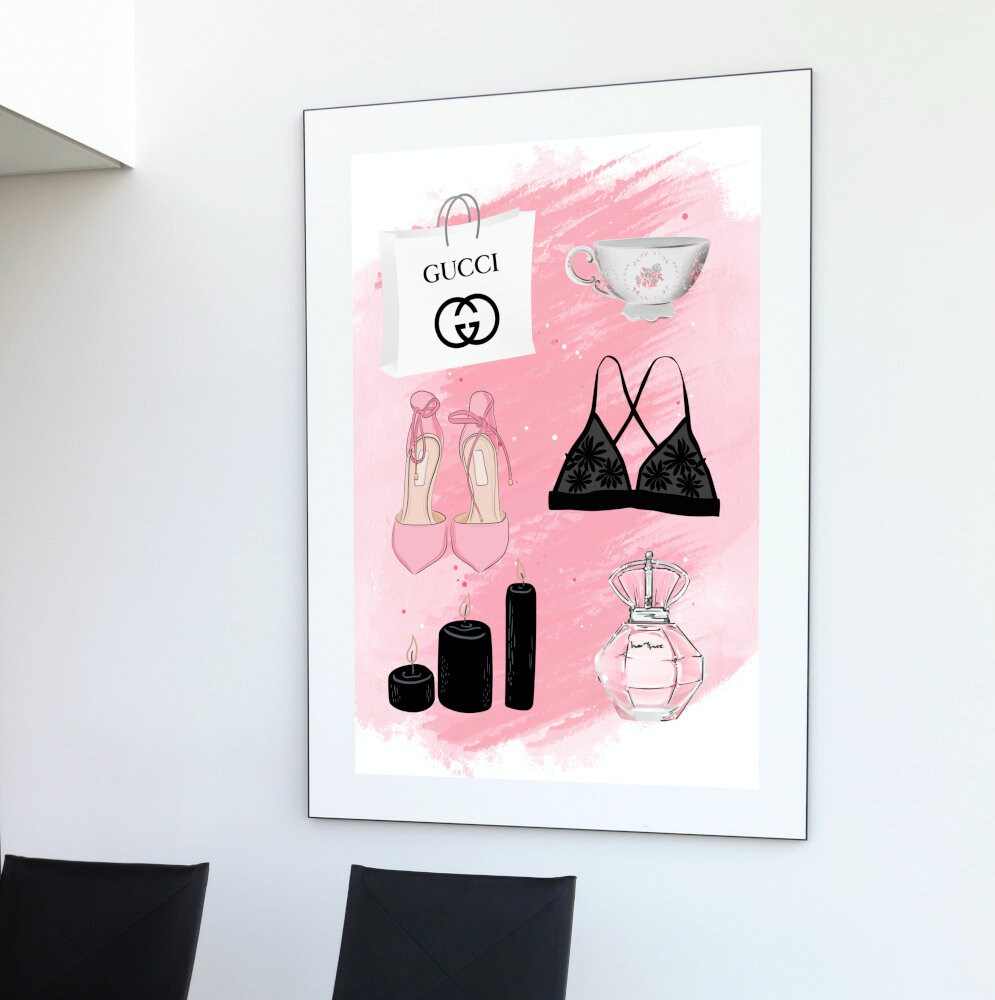 Fashion items pink luxury wall art DIGITAL ART PRINT, Glam wall art, designer poster, fashion illustration, luxury bag shoes, closet decor