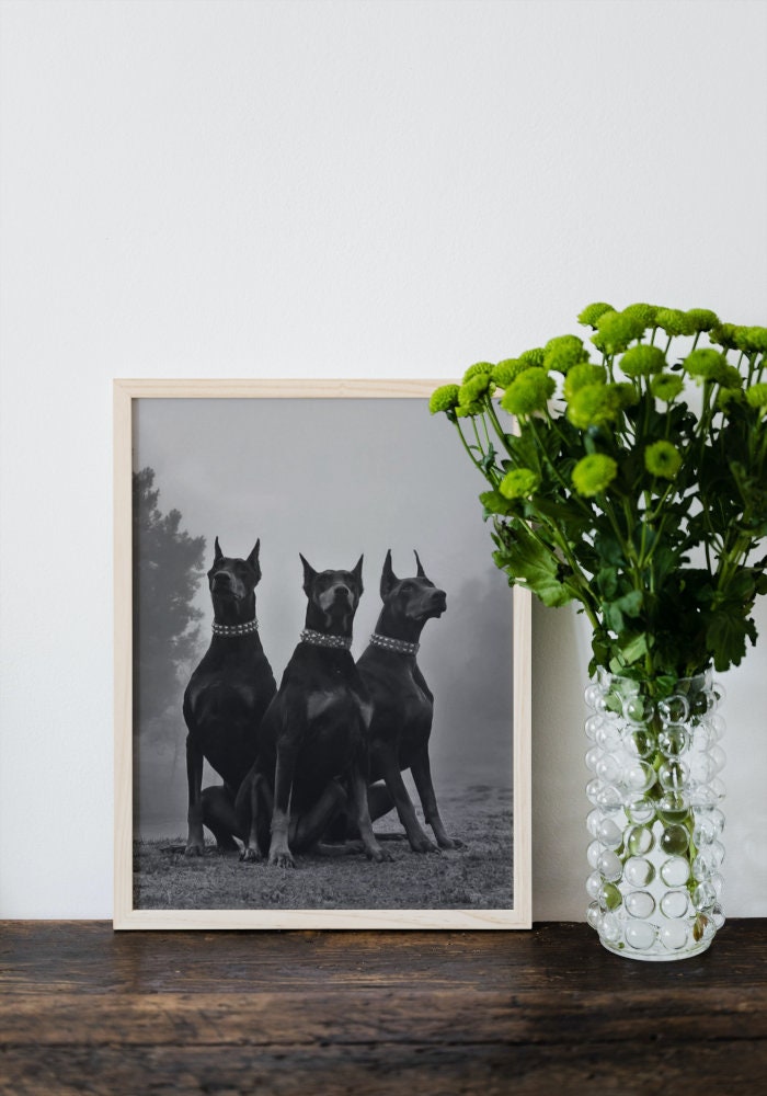 Black and White Doberman Luxury Fashion Print DIGITAL DOWNLOAD Art Print, Fashion Dog Print, Doberman Gun Poster, Black White Fashion Poster