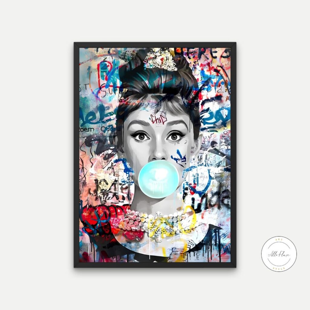 Audrey Hepburn Bubble Gum Street Style Wall Art DIGITAL ART PRINT, Graffiti Print, Banksy Wall Decor, Trendy Pop Art, street style decor | Posters, Prints, & Visual Artwork | abstract bright art, abstract canvas art, art for bedroom, art ideas for bedroom walls, art printables, Audrey Hepburn, banksy, banksy art print, banksy graffiti art, Banksy street art, bathroom wall art printables, bedroom art, bedroom pictures, bedroom wall art, bedroom wall art ideas, bedroom wall painting, black urban wall art, buy