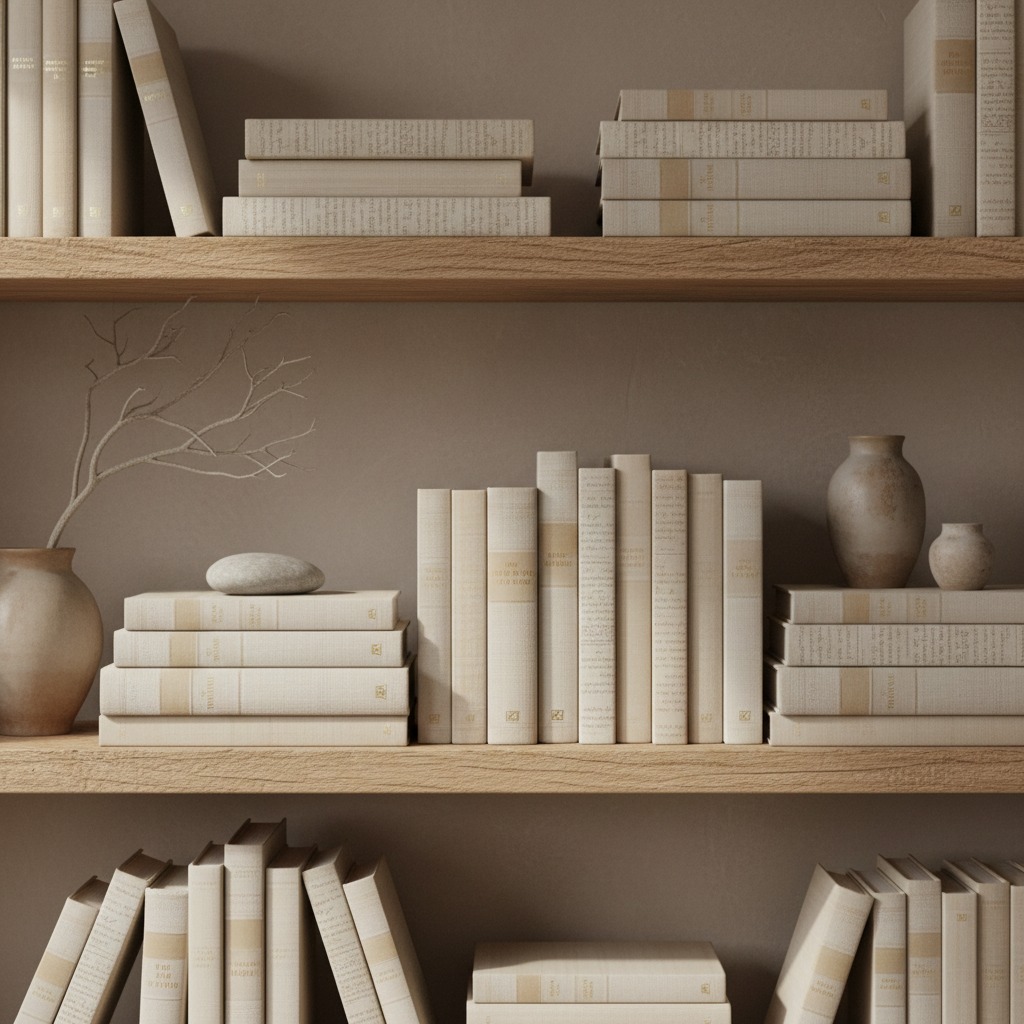 Wooden shelves are filled with neutral-toned books, ceramic vases, and a small decorative branch against a beige wall.