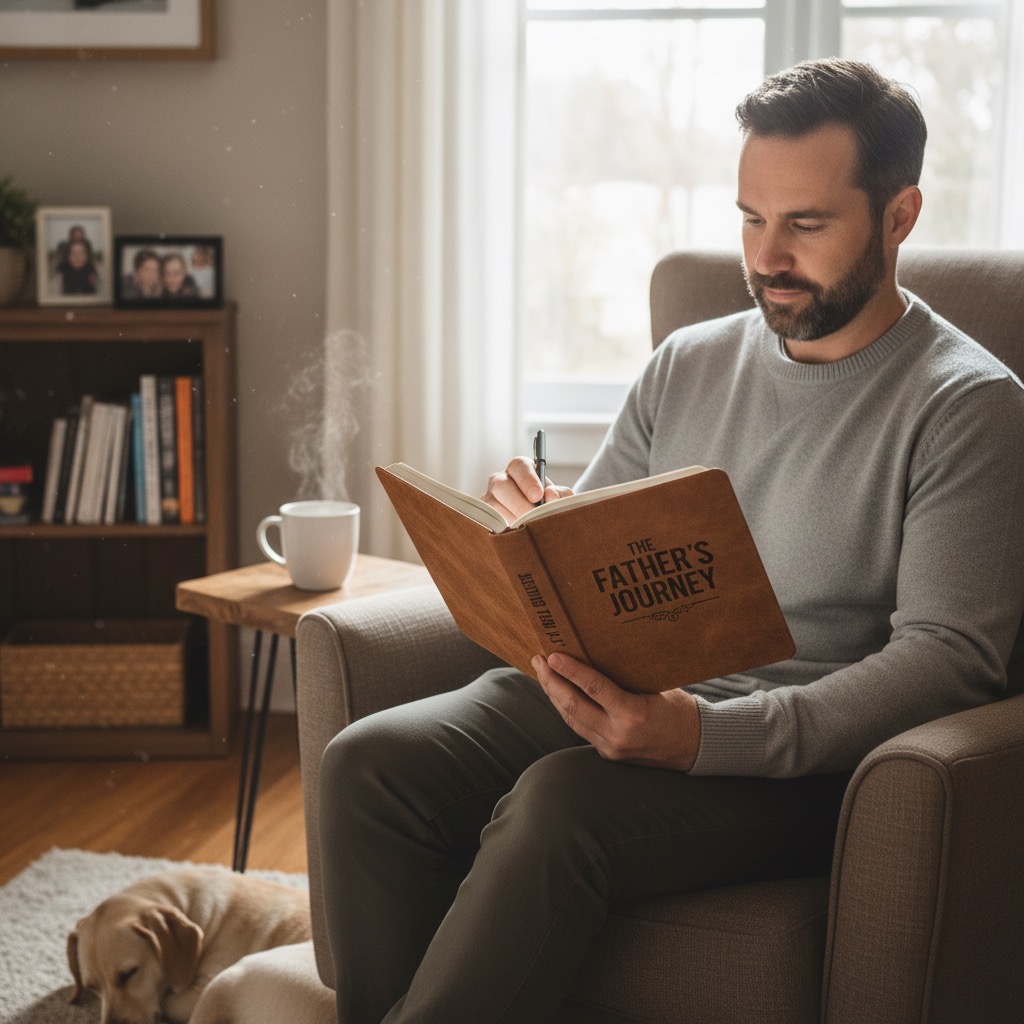 A bearded man sits in an armchair writing in a journal titled "The Father's Journey" next to a steaming mug of coffee and a sleeping dog.