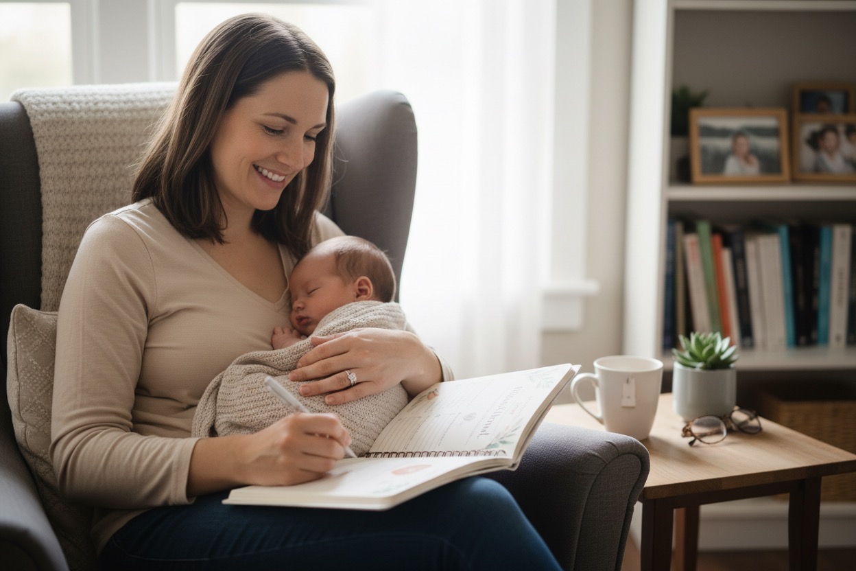 A smiling mother sits in an armchair holding her sleeping newborn while writing in a journal.