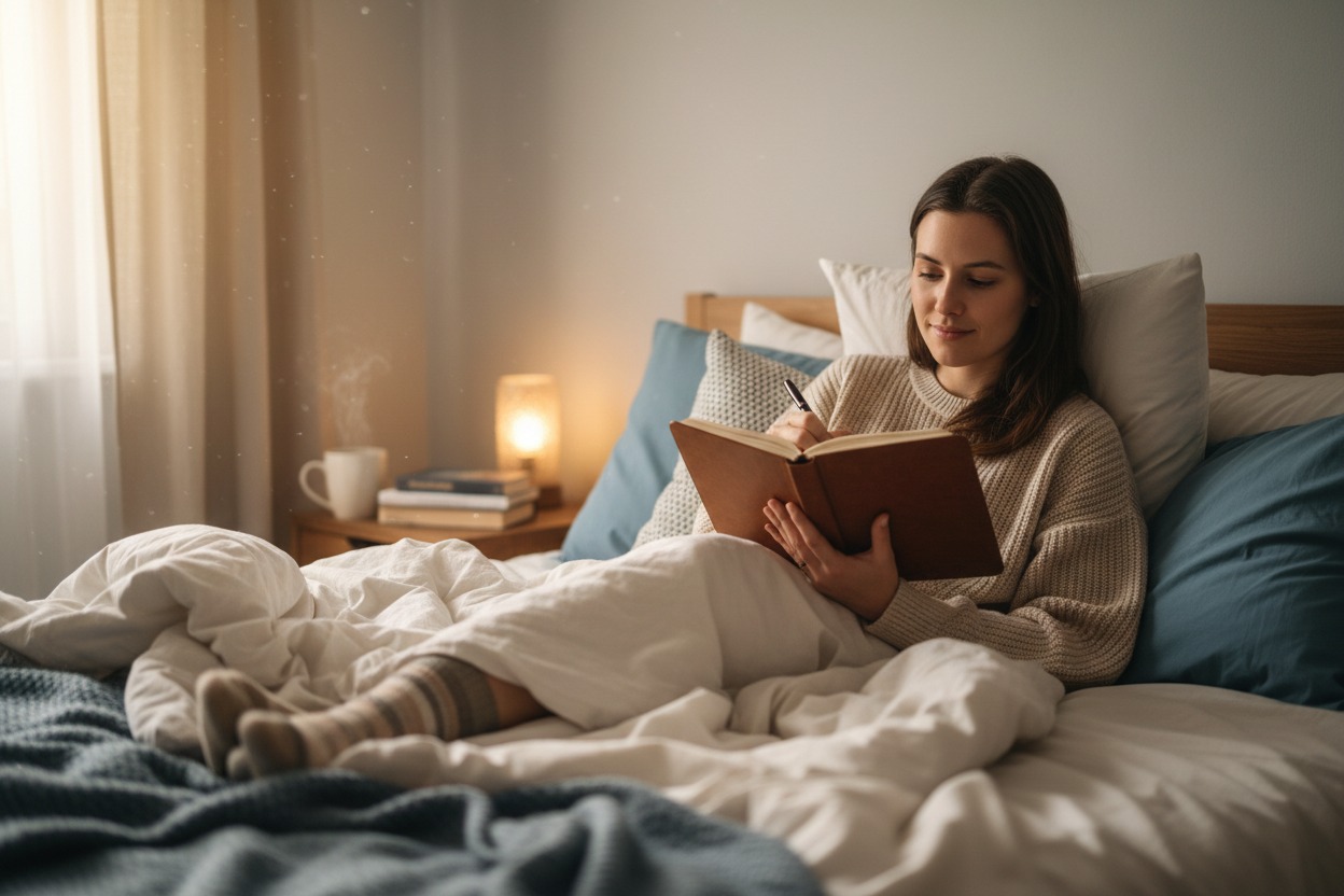 A woman in a cozy sweater sits in bed writing in a journal with a steaming mug of coffee on the nightstand nearby.
