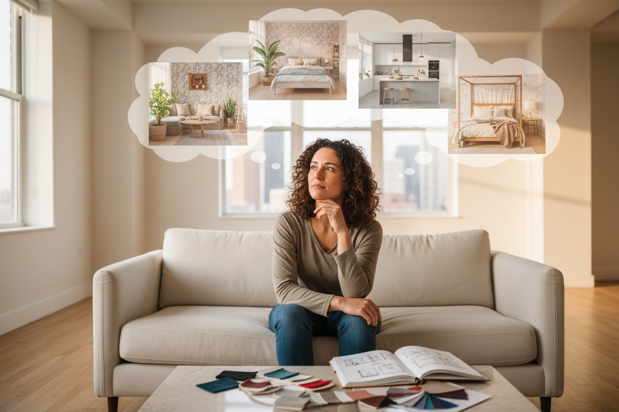 A woman sits on a sofa in an empty room, contemplating various interior design styles displayed in thought bubbles above her.