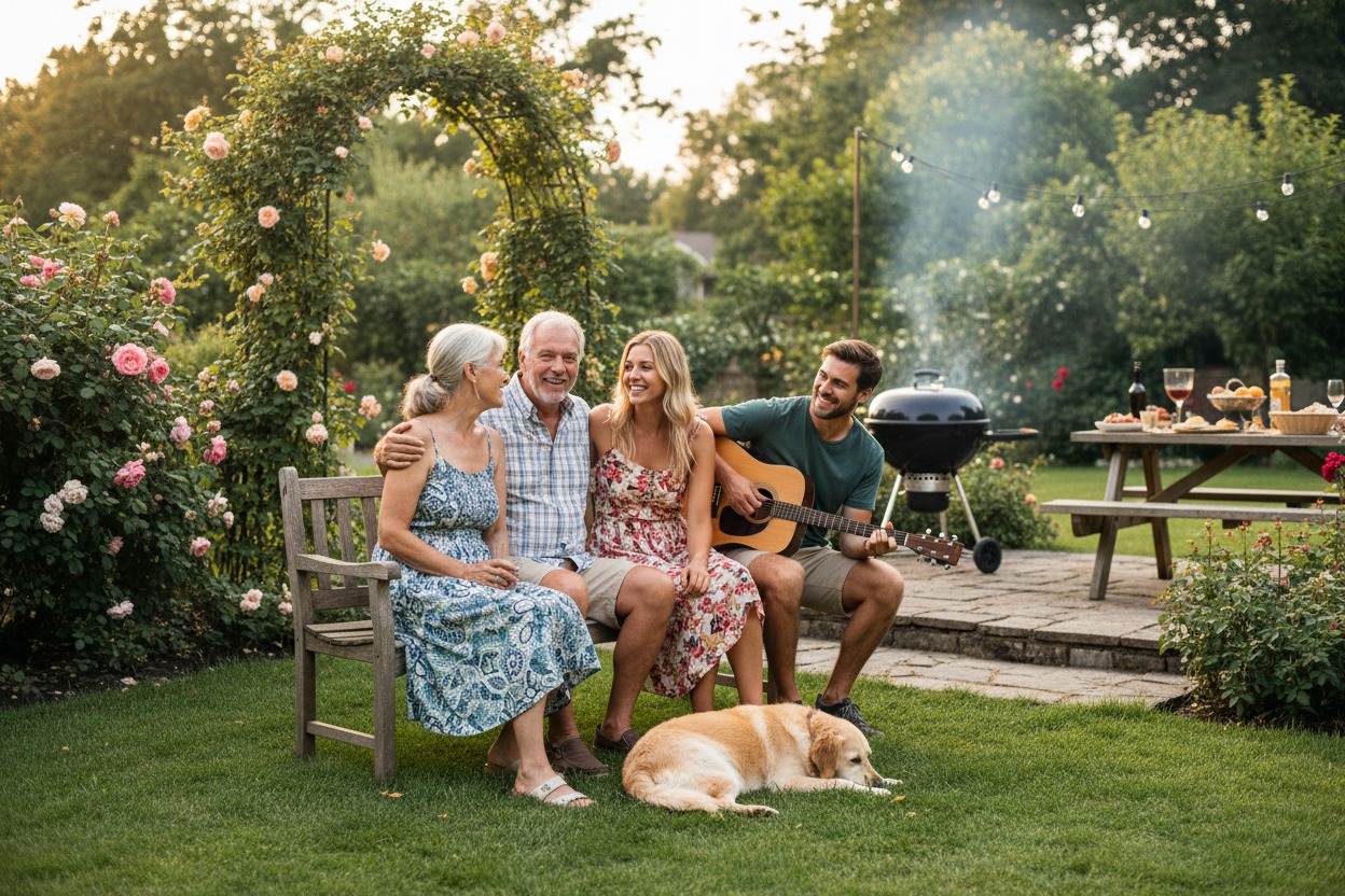 A family sits on a garden bench while a man plays acoustic guitar, with a golden retriever lying on the grass nearby.