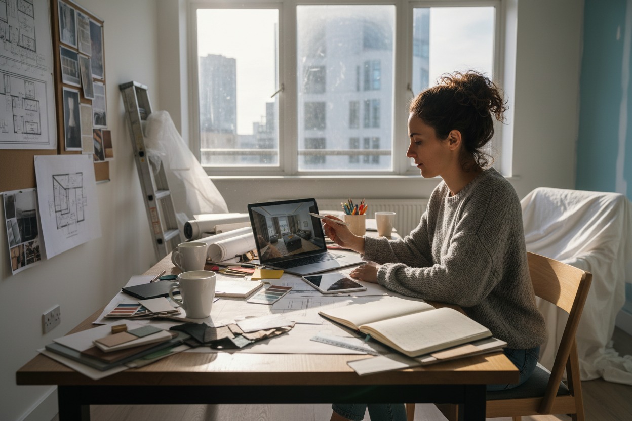 An interior designer works at a desk covered in architectural blueprints, material samples, and a laptop displaying a room rendering.