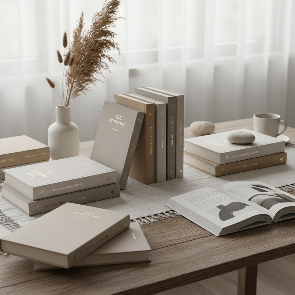 A collection of neutral-toned books, a vase with dried grass, and a coffee cup are arranged on a wooden table in front of a window with sheer curtains.