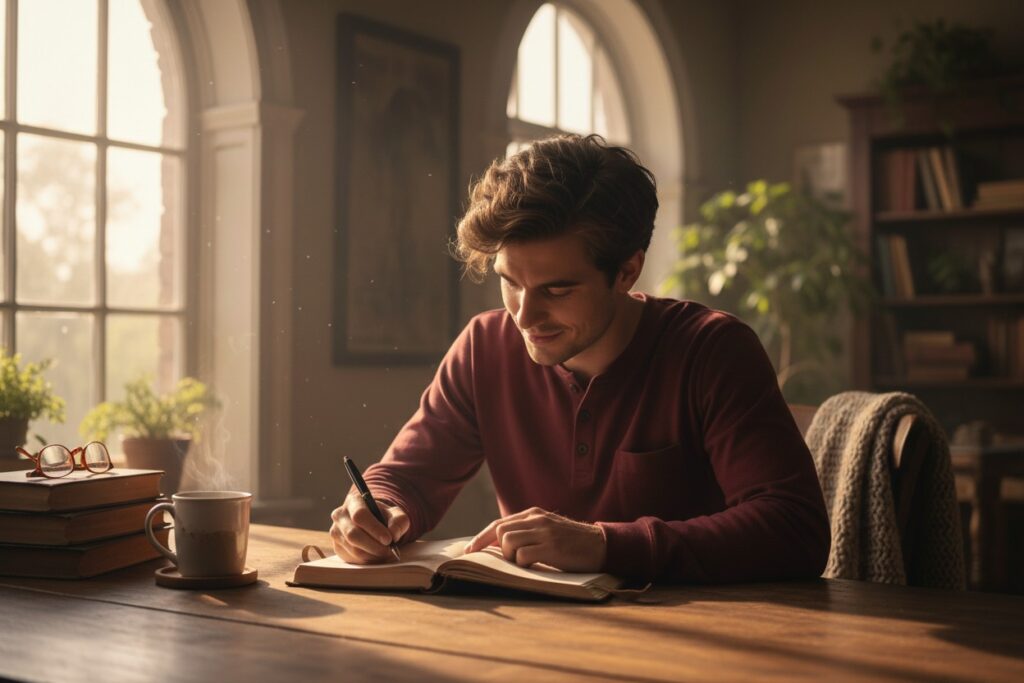 A young man wearing a maroon shirt sits at a wooden table in a sunlit room, writing in an open journal with a pen next to a steaming mug and a stack of books.